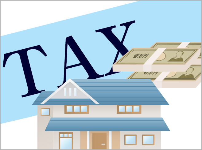 建物の上にTAXの文字と紙幣が浮かび相続税が課されるイメージ